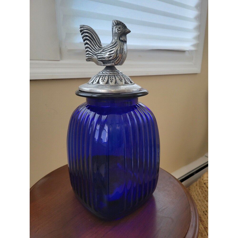 Vintage Mexican decorative glass canister with metal rooster lid 14" tall